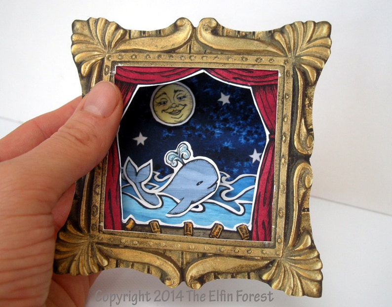 Printable paper diorama theater shadow box whale Christmas ornament DIY tiny cut out 3D pop up craft project PDF download The Elfin Forest 