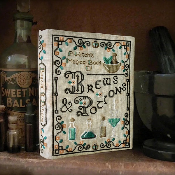Tutorial en PDF para encuadernar libros y cuadernos de punto de cruz con temática de pociones y brebajes de brujas