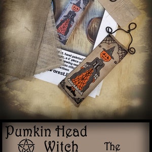 Halloween cross stitch kit primitive witch, pagan style ornament craft project kit with rustic hand dyed linen by The Elfin Forest image 4