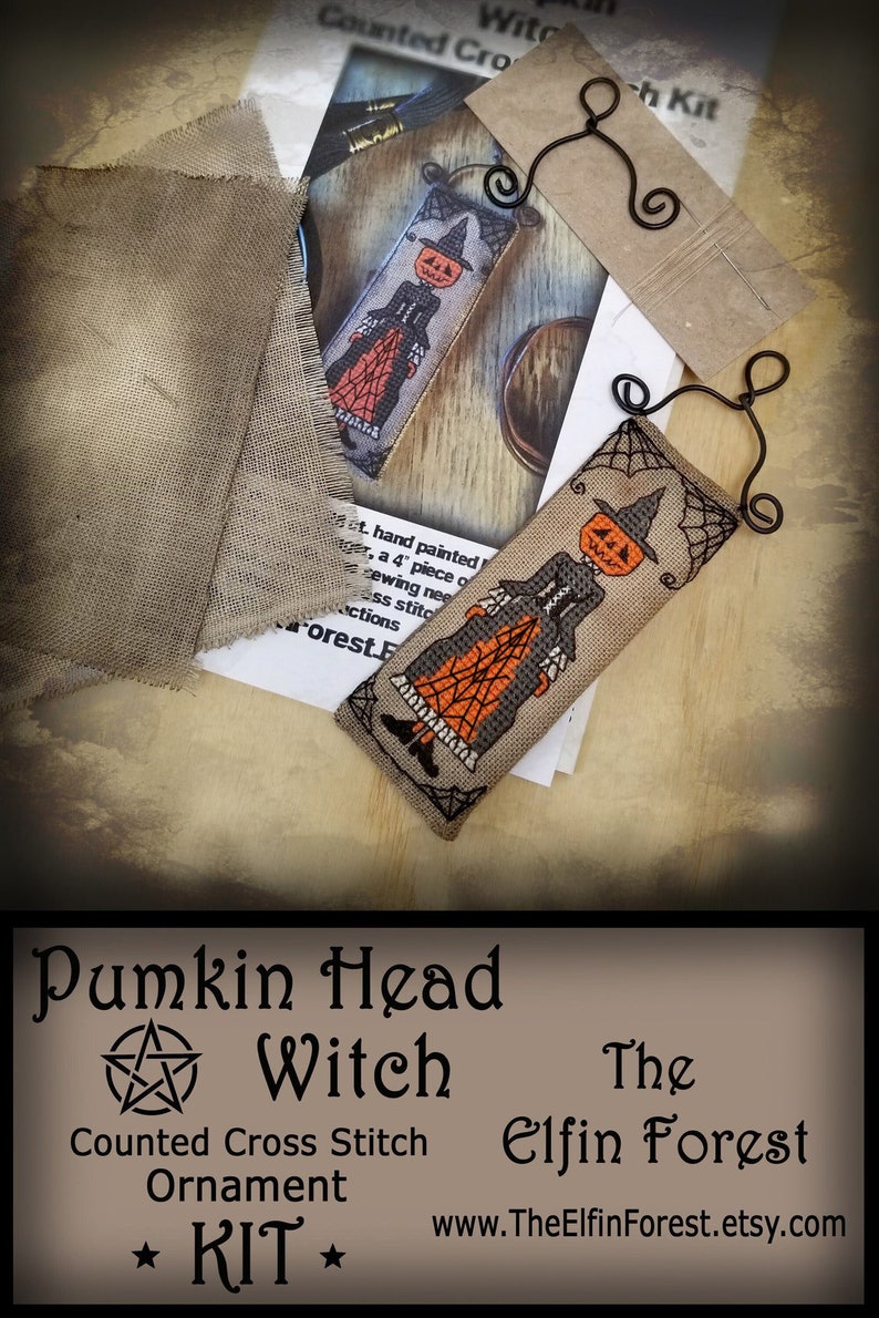 Halloween cross stitch kit primitive witch, pagan style ornament craft project kit with rustic hand dyed linen by The Elfin Forest image 4