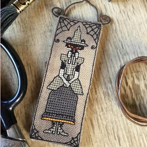 Black Cat Witch Cross Stitch Kit | DIY Halloween ornament project. Complete kit by The Elfin Forest.