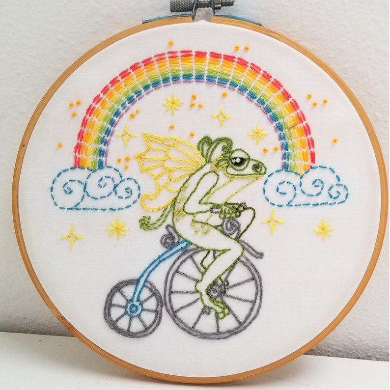 Printed hand embroidery pattern DIY frog fairy, rainbow, bicycle design stamped on cotton fabric panel Make a baby quilt or nursery art gift image 5