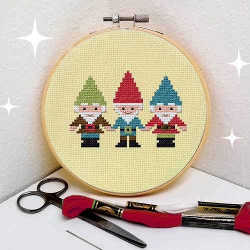 Garden gnome cross stitch pattern download cute, easy, small, beginner Christmas gnome cross stitch project pdf by The Elfin Forest