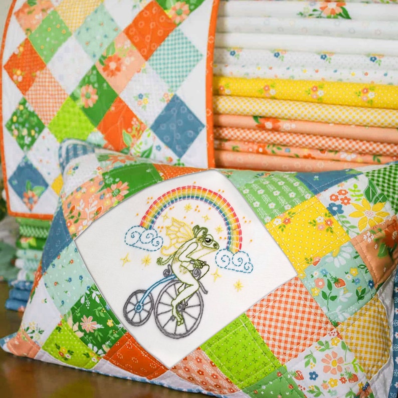 Printed hand embroidery pattern DIY frog fairy, rainbow, bicycle design stamped on cotton fabric panel Make a baby quilt or nursery art gift image 6