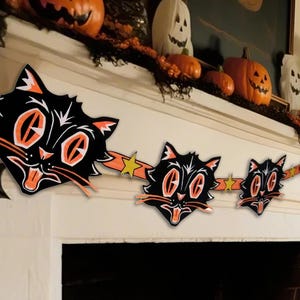 Halloween garland vintage black cat decor. DIY printable paper banner pdf ephemera download