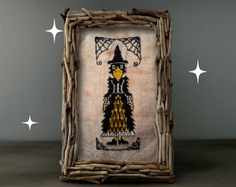 Raven witch cross stitch pattern pagan, primitive crow, creepy Halloween needlepoint pdf download by The Elfin Forest