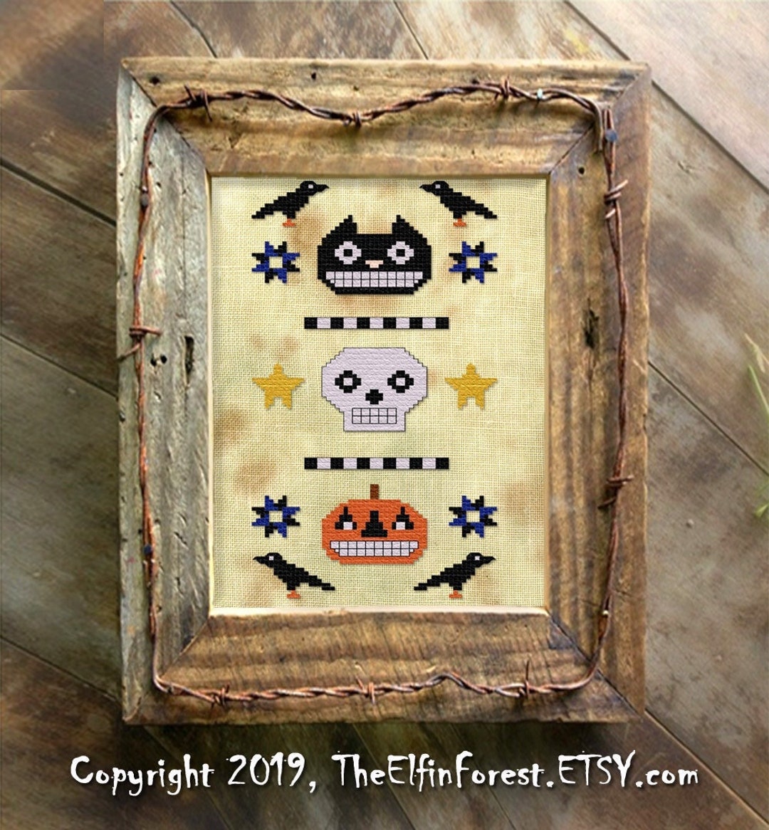 Primitive Halloween Cross Stitch Pattern Folk Country Vintage Etsy