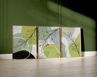 Abstract Botanical Prints: Japandi Olive Green Wall Art, Set of 3