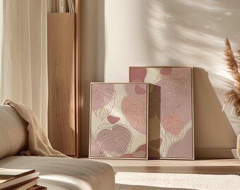 Abstract Botanical Wall Art Set of 2: Soft Blush Monstera Prints, Modern Boho Posters