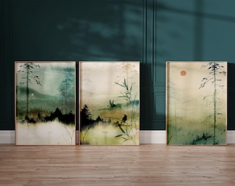 Japanese Landscape Print Set, Japandi Mountain Wall Art
