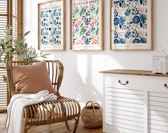 Bloemenmarkt botanische muurkunst set van 3 – Retro blauwe bloemen galerijafdrukken