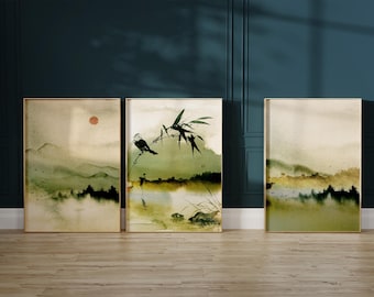 Japanese Mountain Landscape Art Prints, Japandi Decor, Set of 3
