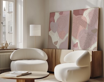 Abstract Botanical Wall Art Set of 2: Soft Blush Monstera Prints, Modern Boho Posters