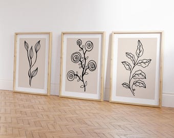 Botanical Line Art Print Set – Neutral Minimalist Plant Sketch