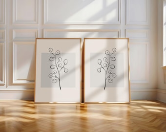 Minimalist Line Art Print Set, Botanical Scandinavian Neutral Artwork