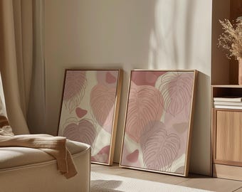 Abstract Botanical Wall Art Set of 2: Soft Blush Monstera Prints, Modern Boho Posters