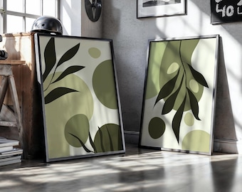 Minimalist Botanical Print Set – Sage Green Leaf Abstract Art