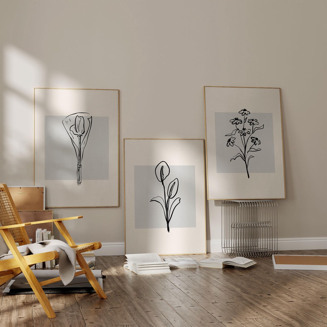 Minimalist Botanical Line Art Prints, Scandinavian Decor, Set of 3 - Etsy
