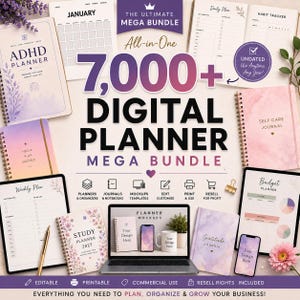 May include: A digital planner mega bundle featuring over 7,000 templates, including ADHD planners, self-care journals, budget planners, and study planners. The collection includes editable, printable, and resellable files for organization.
