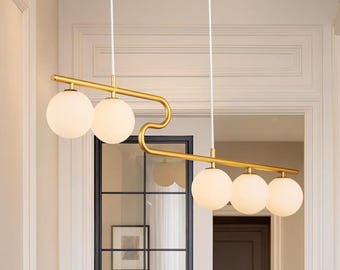 Lámpara de araña lineal de latón – Colgante de globo dorado, luz para isla de cocina de estilo moderno de mediados de siglo