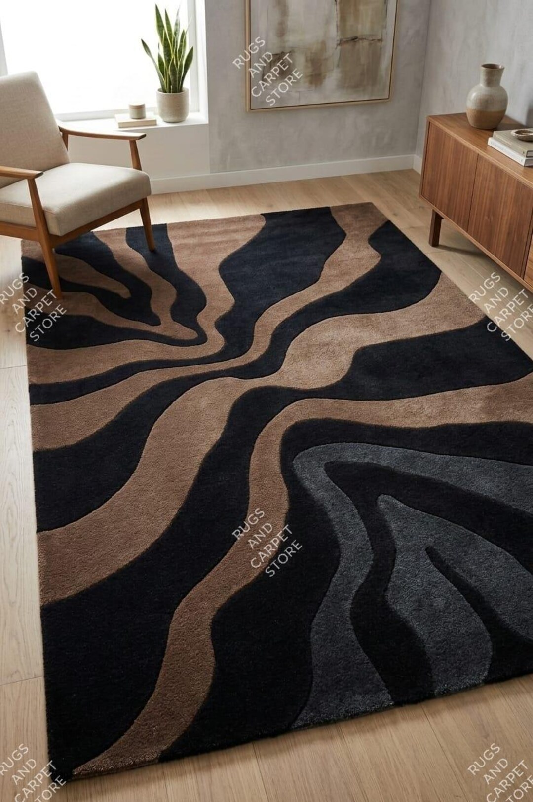 Hand Tufted Abstract Swirl Rug – Black Brown Modern Organic Area Rug - Etsy
