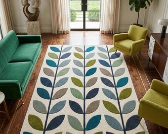 Handmade Wool Rug Mid Century Modern Leaf Pattern, Large Area Rug for Living Room, Retro Scandinavian Multi Stem Carpet, Boho Home Decor