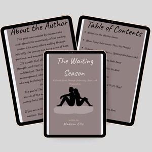 May include: Three digital tablets displaying content related to infertility. The central tablet shows the book cover of "The Waiting Season" by Madison Ellis. The cover features a silhouette of a couple. The other tablets show the "About the Author" and "Table of Contents".