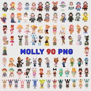 May include: A display of 90 Molly figures, each with unique designs and costumes. The figures are vibrantly coloured and feature diverse themes, from animals to historical figures. The text "MOLLY 90 PNG" is shown in blue and red.
