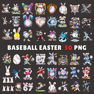 Paquete de 50 imágenes PNG de béisbol con efecto goteo de Pascua, descarga digital de conejito de Pascua