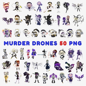 Puede incluir: Una colección de 50 imágenes PNG con varios personajes de dibujos animados de "Murder Drones". Los personajes se representan en varias poses y atuendos, con una paleta de colores que incluye negro, blanco, morado y rojo. El texto "MURDER DRONES 50 PNG" se muestra en azul y rojo.