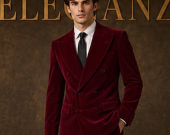 Traje cruzado de terciopelo rojo para hombre | Traje formal de lujo de 2 piezas | Ropa de pasarela para bodas y eventos nocturnos | Colección ELEGANZA