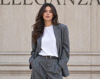 Traje gris extragrande para mujer, elegante conjunto de dos piezas, blazer minimalista, traje formal, estilo ELEGANZA