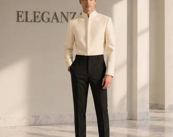 Modern Ivory High-Neck Structured Jacket with Black Tailored Trousers | Minimalist Luxury Men’s Formal Outfit | Contemporary Evening Suit