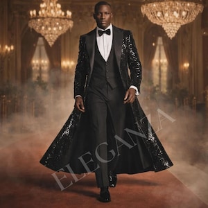 May include: A formal black tuxedo with a sequined overcoat. The outfit includes a black bow tie, vest, and trousers. The image is set in a grand hall with chandeliers and the word "ELEGANZA" in the lower right corner.