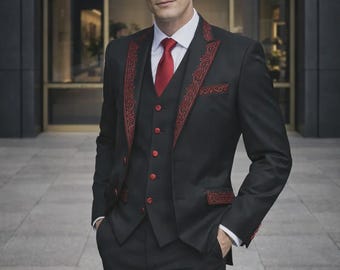 Luxury Black Embroidered 3 Piece Suit for Men – Elegant Formal Wear for Weddings & Events