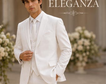 White Jacquard Groom Suit | Luxury 3 Piece Wedding Tuxedo | Mens Ivory Wedding Suit | Shawl Lapel Groom Outfit | Custom Tailored Suit