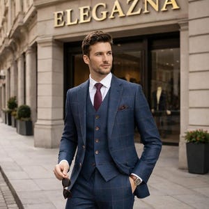 ブルーウィンドウペーンメンズ3ピースウールブレンドスーツ - スリムフィットチェックウェディングスーツ、仕立てられた新郎フォーマルビジネスウェア