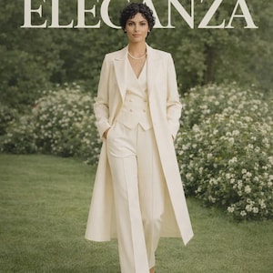 Könnte beinhalten: Eine Frau trägt einen cremefarbenen Dreiteiler, bestehend aus einem langen Mantel, einer Weste und einer Hose mit weitem Bein. Der Anzug wird über einem weißen Hemd und einer Perlenkette getragen. Der Hintergrund zeigt grünes Gras und weiße Blumen. Das Wort "ELEGANZA" steht oben.