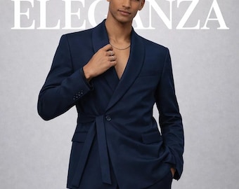 Luxury Navy Blue 3 Piece Suit for Men | Slim Fit Wedding Suit | Elegant Formal Suit | Belted Coat Shawl Lapel Suit