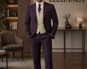 Plum Purple Men 3 Piece Suit, Elegant Wedding Suit Groom, Formal Regular Fit Suit Men, Classic Vest Jacket Pants Set, Elena