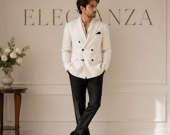 Men’s White Double Breasted Blazer with Black Pants Suit – Luxury Wedding Tuxedo 3 Piece Formal Suit for Groom, Prom & Party Wear