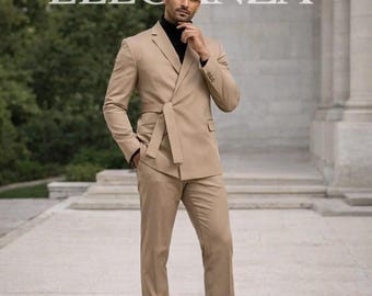 Modern Beige 3 Piece Suit for Men | Slim Fit Wedding Suit | Stylish Formal Suit | Belted Coat Suit | Groom Suit | Custom Tailored Suit