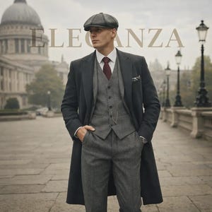 Abrigo de tweed color carbón de tres piezas y traje de lana gris de dos piezas de Peaky Blinders: conjunto a medida vintage de los años 20 para caballero, atuendo clásico.
