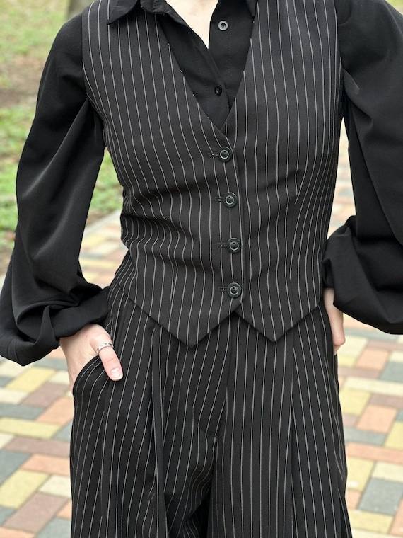 Women black pinstripe 2 piece suit – wide leg pants and vest set, modern tailored power suit, minimalist chic womenswear