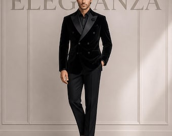 Men's Black Velvet Double Breasted Suit | 2 Piece Slim Fit Tuxedo Suit | Luxury Formal Suit for Men | Custom Tailored Blazer Suit