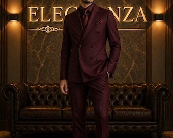Traje cruzado burdeos para hombre, traje de lujo de 3 piezas, traje de novio para boda, estilo esmoquin formal, traje a medida, ELEGANZA