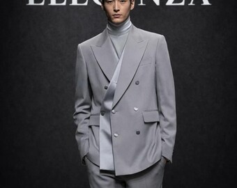 Traje cruzado gris claro para hombre | Traje moderno de 2 piezas para hombre | Traje formal de corte ajustado | Traje de boda | Traje elegantemente confeccionado