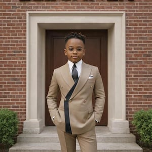 May include: A young person in a tan suit with a black stripe detail, white shirt, and black tie, standing in front of a brick building with the word "ELEGANZA" above the door. The suit has a double-breasted design.