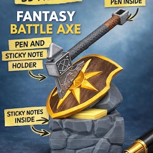 Axe Pen Holder STL | Sticky Note Box Organizer for Pens and Sticky Notes | Office, Gamer & DnD Desk 3D Print File