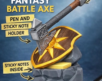 Axe Pen Holder STL | Sticky Note Box Organizer for Pens and Sticky Notes | Office, Gamer & DnD Desk 3D Print File